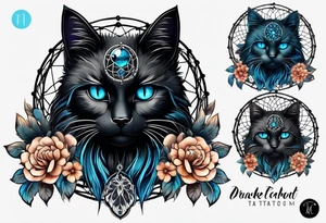 Black cat entwined in a elegant dream catcher that has flowers an long flowing feathers on dream catcher. Black cat eyes in neon blue an small neon blue detail in catcher tattoo idea