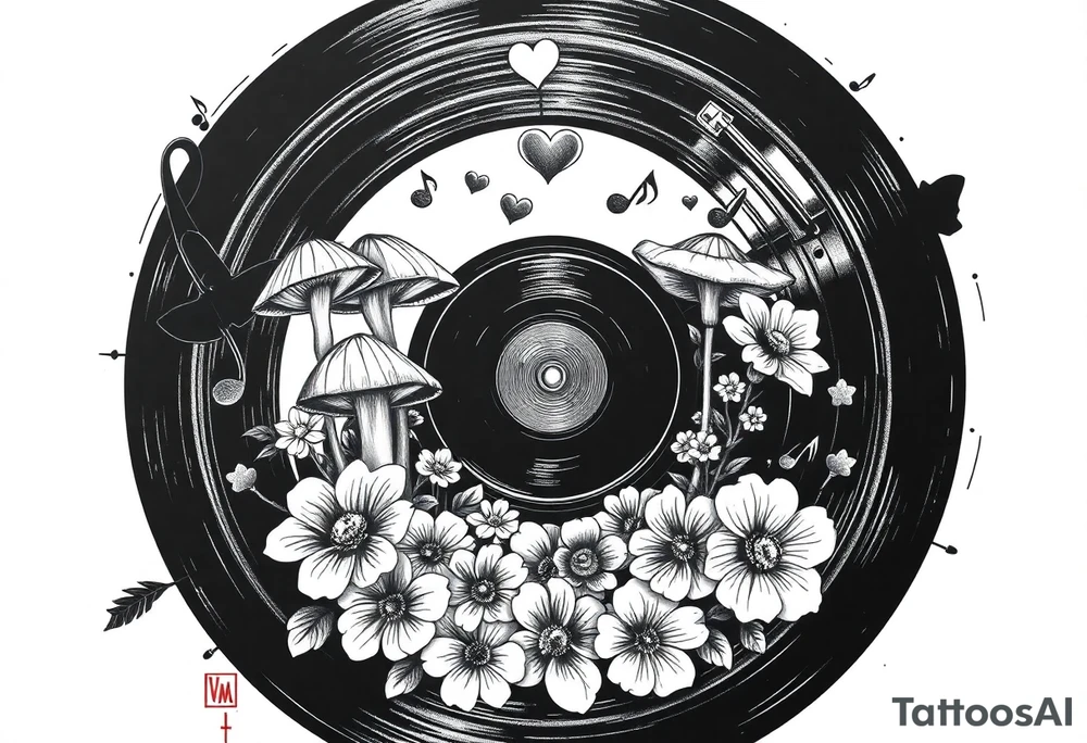 vinyl record with mushrooms, flowers, hearts, and music notes tattoo idea