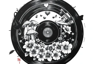 vinyl record with mushrooms, flowers, hearts, and music notes tattoo idea