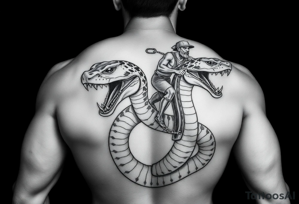 A dangerous giant holding a snake and a wild man on a chain leash holding them /sas slaves the snake has a wide shaped cobra head with a mouth full of sharp teeth and long fangs like a saber tooth tiger with the crazy guy riding on the back of snake tattoo idea