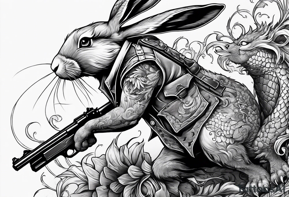 rabbit with gun fighting with dragon tattoo idea