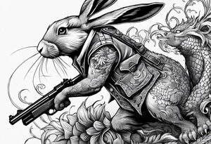 rabbit with gun fighting with dragon tattoo idea