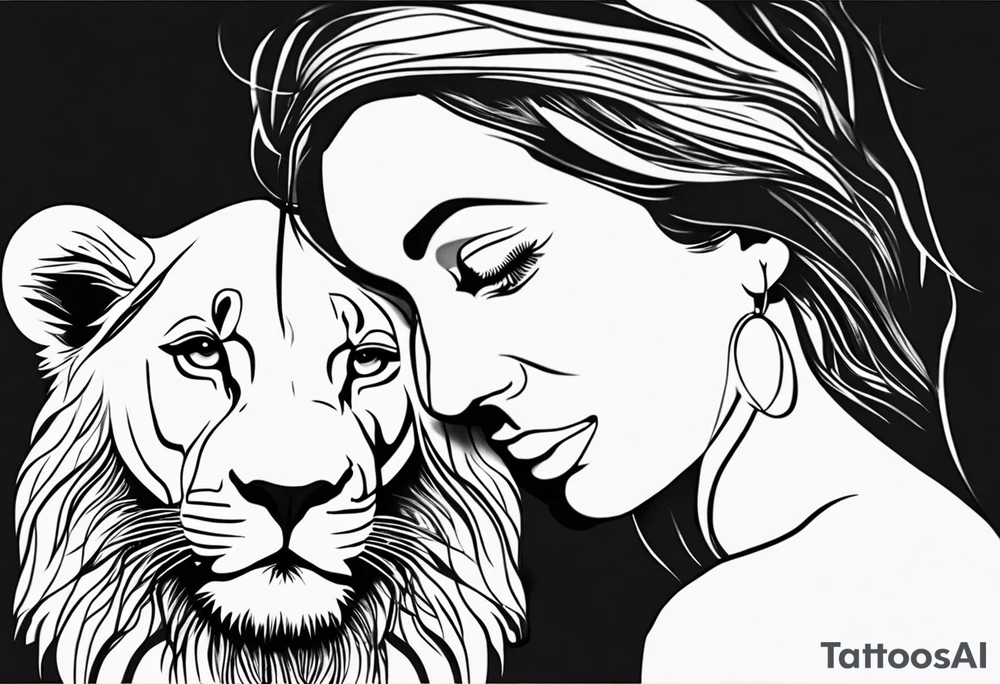 Moitié visage lion avec son bebe lionne tattoo idea