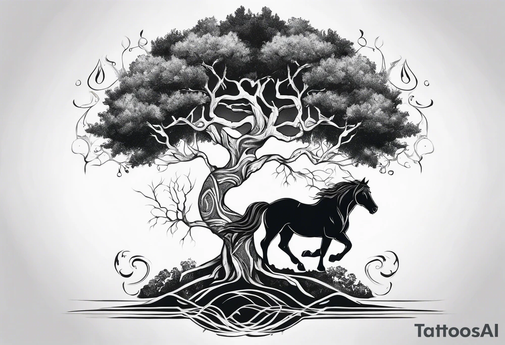 Realistic Horse and Yggdrasil tree tattoo idea