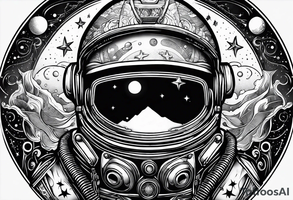 Craft an intricate black and white tattoo design inspired by the themes and imagery from Ray Bradbury's "Cosmonaut" and the poignant lyrics of Elton John's "Rocket Man." tattoo idea