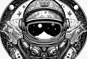 Craft an intricate black and white tattoo design inspired by the themes and imagery from Ray Bradbury's "Cosmonaut" and the poignant lyrics of Elton John's "Rocket Man." tattoo idea