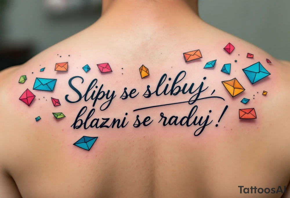 "Sliby se slibuji, blazni se raduji." — A string of colorful paper promises fluttering away in the wind, with the quote wrapped around in playful gray cursive. tattoo idea