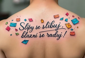 "Sliby se slibuji, blazni se raduji." — A string of colorful paper promises fluttering away in the wind, with the quote wrapped around in playful gray cursive. tattoo idea