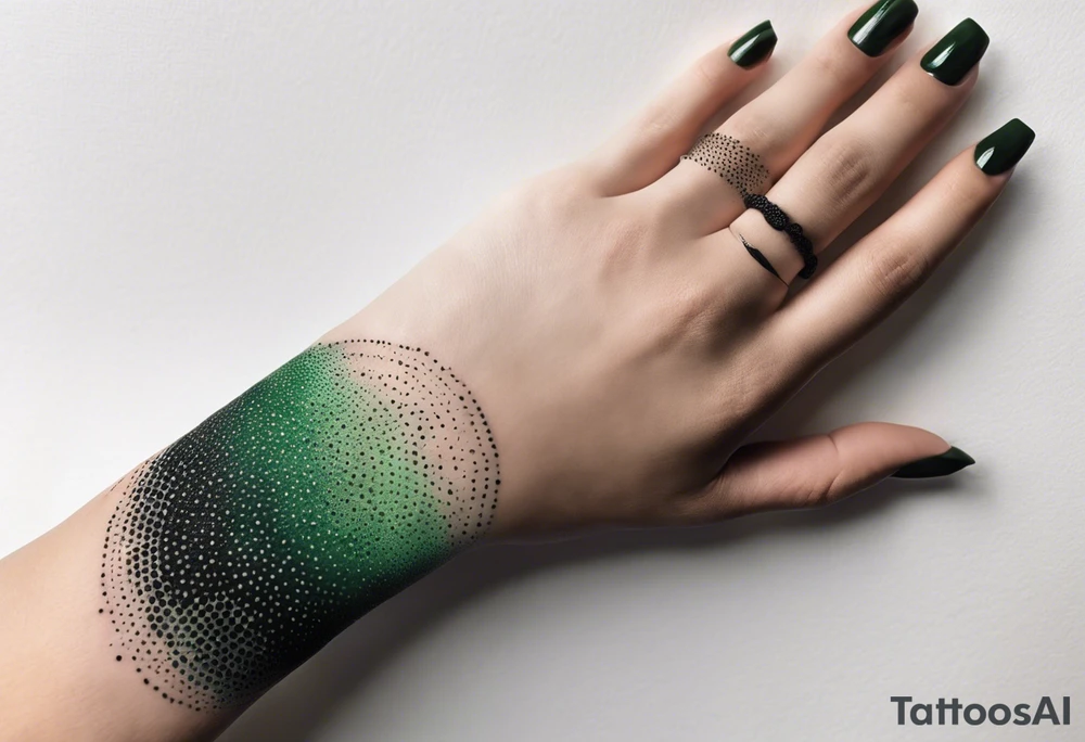 lines around wrist, abstract, green and black, covered from wrist to forearm, fully covered, no borders, blackwork, no people tattoo idea