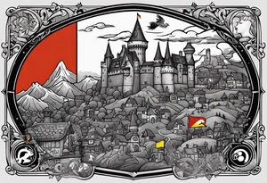 A video game scene encased in the flag of Germany and North Carolina surrounded by characters from Zelda, Final Fantasy 8, and Howel's Moving Castle. tattoo idea