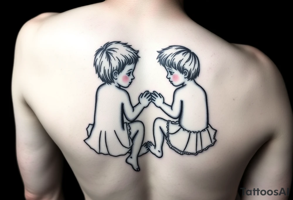 Zwei kleine mädchen sitzen sich gegenüber eine hat einen Dutt die andere einen Zopf und sie berühren sich an den Fußsohlen tattoo idea