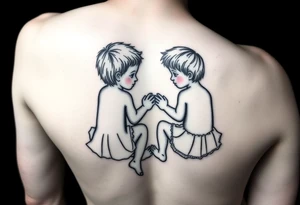 Zwei kleine mädchen sitzen sich gegenüber eine hat einen Dutt die andere einen Zopf und sie berühren sich an den Fußsohlen tattoo idea