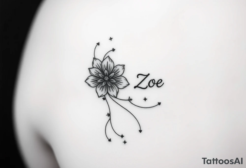 I want it on my wrist. I want a beautiful flower on the inside of my wrist with tendrils down the inside of my arm with little delicate stars or motes and the name Zoey

Why are you showing it on a back? I want it on the inside of my wrist

I want it to be a little smaller. I want the lines to be super fine. I want more organic delicate tendrils. The name Zoey should be about 3" up on the inside of my arm 

I just want the tendrils to look more natural and flowy and graceful.
I do not want stars in it anymore. tattoo idea