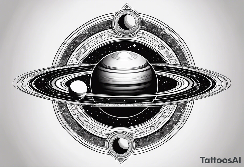 A tattoo with Saturn at the center surrounded by intricate linguistic symbols, reflecting the client's interests in cosmology and linguistics. tattoo idea