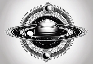 A tattoo with Saturn at the center surrounded by intricate linguistic symbols, reflecting the client's interests in cosmology and linguistics. tattoo idea