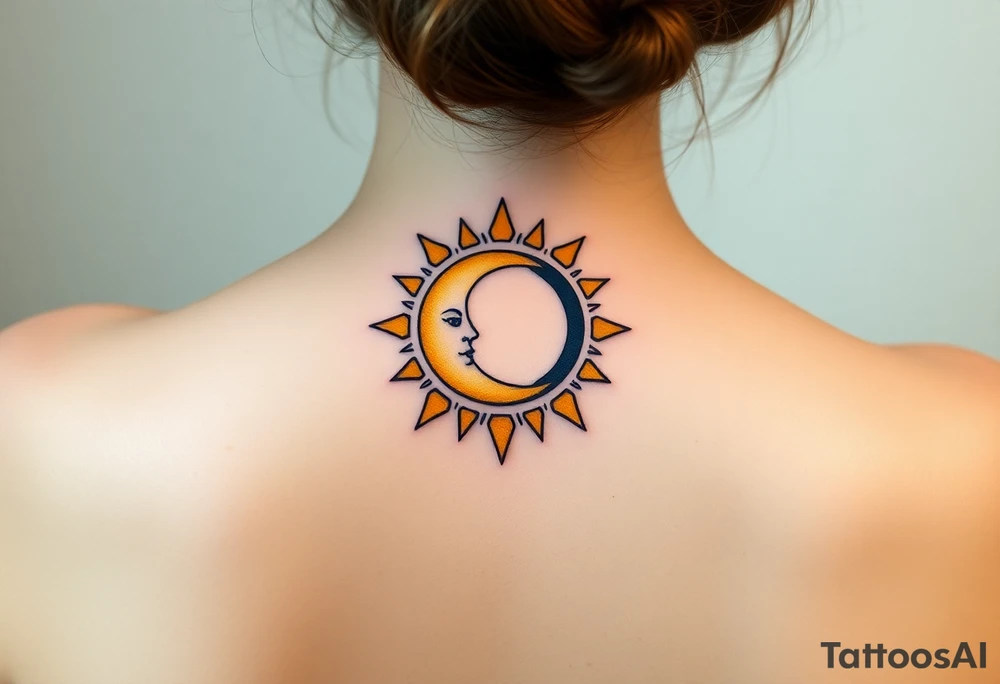 A sun and moon intertwined with delicate the word Virgo, blending gold, soft yellow, and midnight blue tones tattoo idea