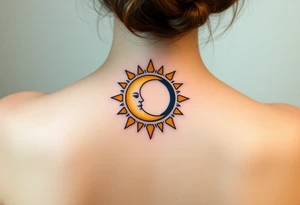 A sun and moon intertwined with delicate the word Virgo, blending gold, soft yellow, and midnight blue tones tattoo idea