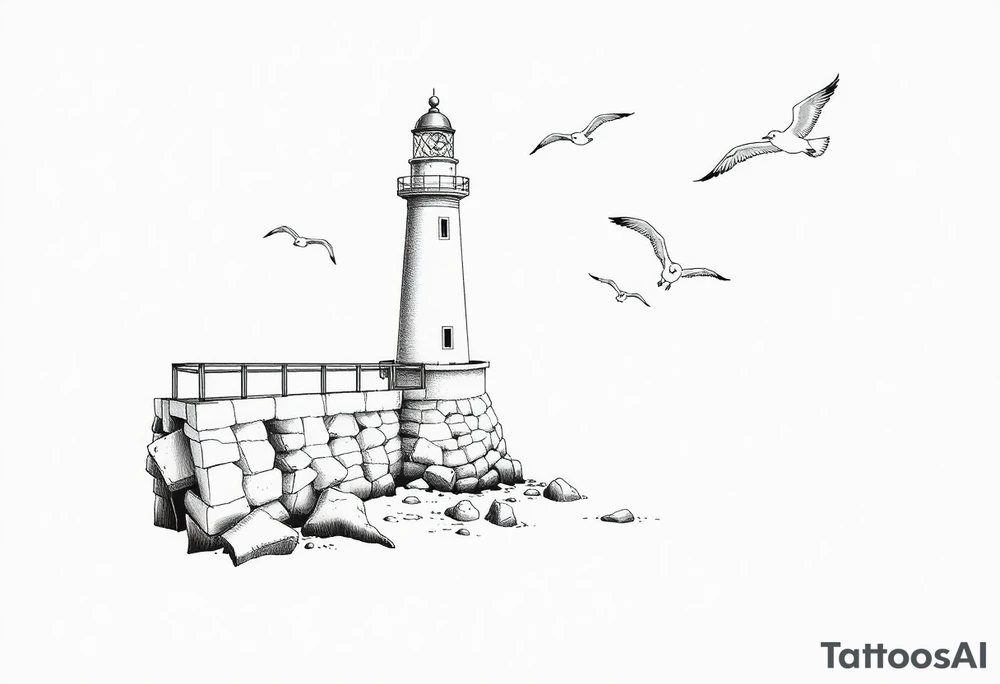 Lighthouse in the sea with jetty around flying seagulls tattoo idea