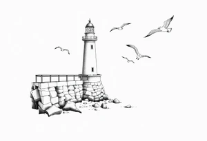 Lighthouse in the sea with jetty around flying seagulls tattoo idea
