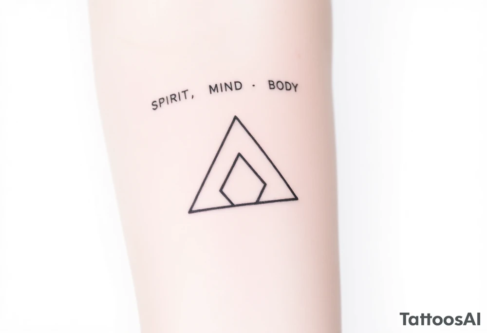 A minimalist tattoo of three interlocking triangles arranged in a way that forms a geometric symbol. Each triangle is thinly outlined and overlaps slightly. Above the design, the words 'SPIRIT,' 'MIND,' and 'BODY' are written in simple font, representing the connection between these three concepts. The tattoo is located on the inner forearm and is drawn in black ink on a light skin tone background. tattoo idea