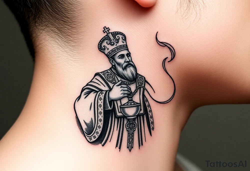 Russian Orthodox Priest in a fully detailed gold vestment swinging a censer with smoke curling upward tattoo idea