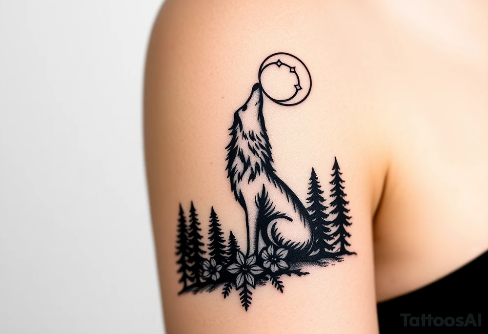 Lone wolf howling at the moon in the forest in the night Columba constellation tattoo idea