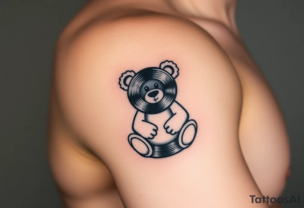 minimalist teddy bear with vinyl records as eyes smiling and sitting on a record tattoo idea