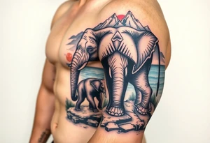 A mother and a baby elephant walking down a mountain trail with the ocean below tattoo idea