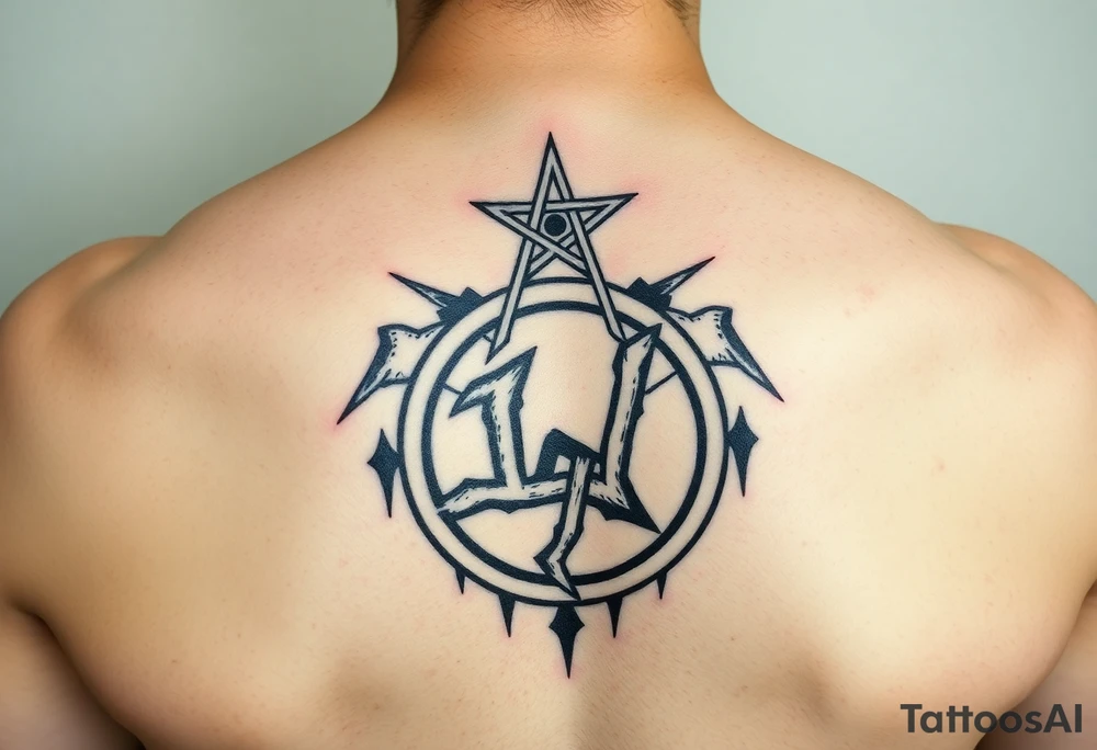 Satanic star on top of  swastika on top of anarchy sign tattoo idea