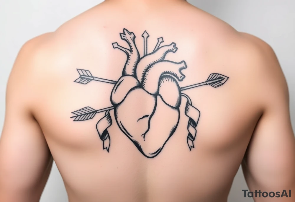 anatomical heart pierced by ornate arrow with flowing ribbons tattoo idea