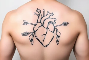 anatomical heart pierced by ornate arrow with flowing ribbons tattoo idea