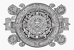 Authentic graphic tattoo in Mayan style
consisting of intertwined esoteric symbols, Sanskrit words and ornaments tattoo idea
