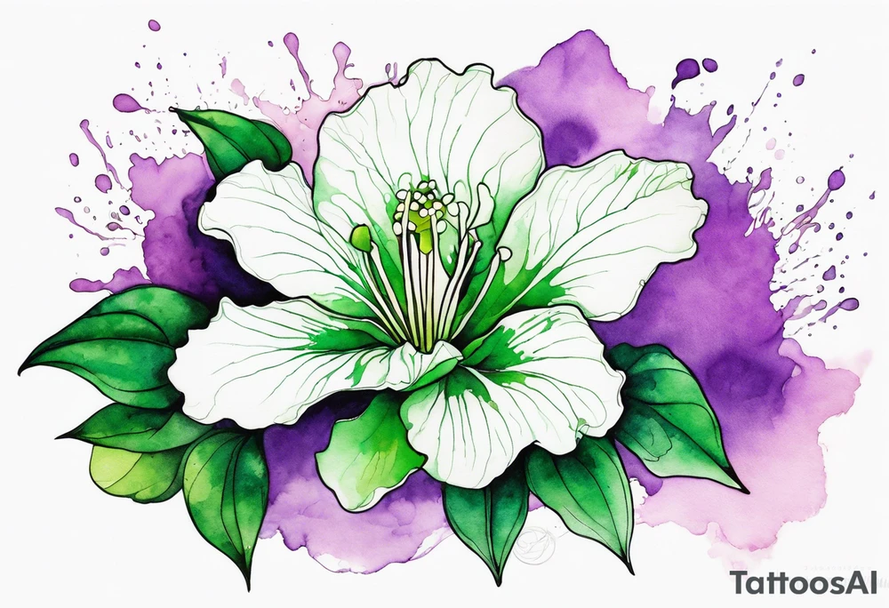 An outline of a green rio dipladenia flower and a purple watercolor splash in the background tattoo idea