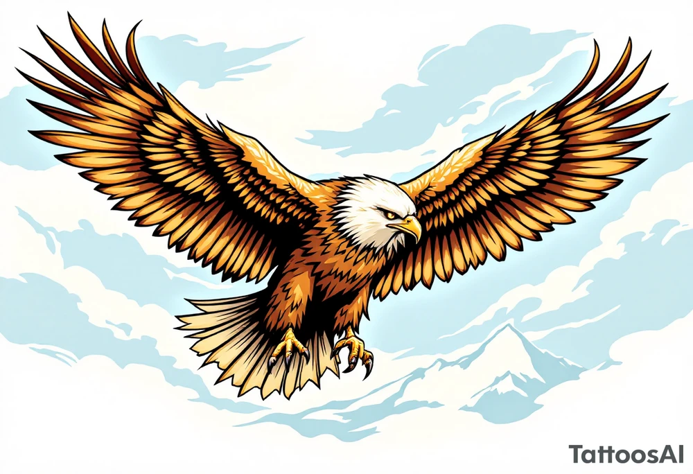 A majestic eagle in flight with wings spread wide, its feathers detailed in shades of deep brown, gold, and cream. The eagle’s sharp, focused eyes are outlined in black, with subtle accents of amber to create an intense gaze. The feathers on the wings have gradients of dark brown at the tips, transitioning to lighter golden hues towards the body. The background features a soft blue sky with wisps of clouds, adding a sense of movement and freedom. The eagle’s talons are outstretched, ready to grasp, with a slight glow around them, symbolizing power and dominance. A faint outline of a mountain range can be seen beneath the eagle, representing strength and resilience. tattoo idea