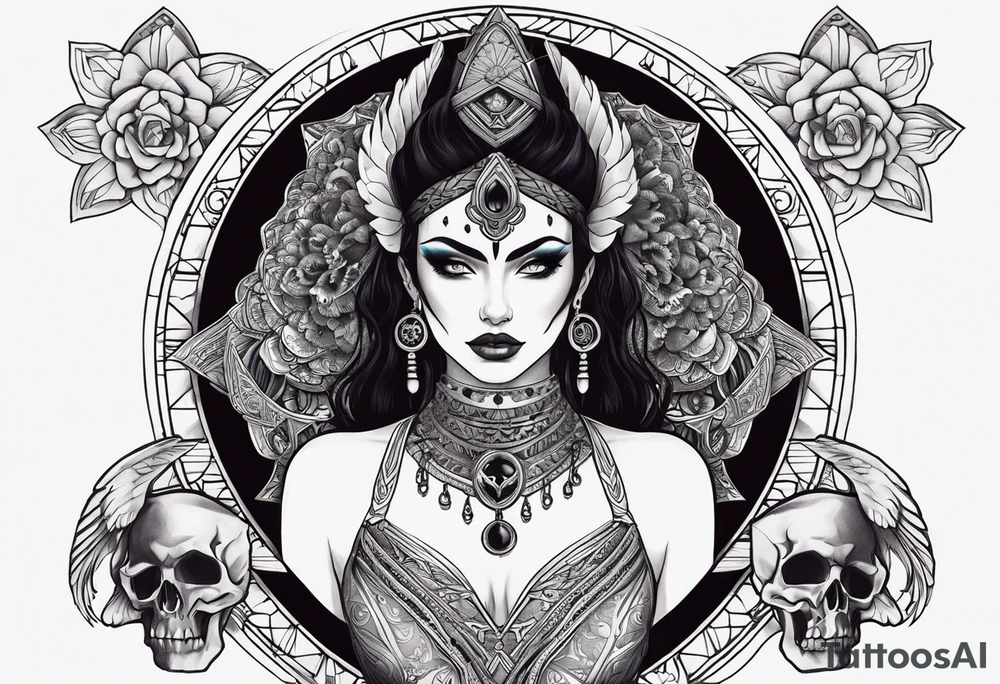 kali ma, alien goddess, valkrye, aries, pirate, divine feminine, zenza resonance, pachamama, lotus azul, blank panther, eagle, skull, 5D, nueva gaya, dna 12, left side chest tatoo tattoo idea