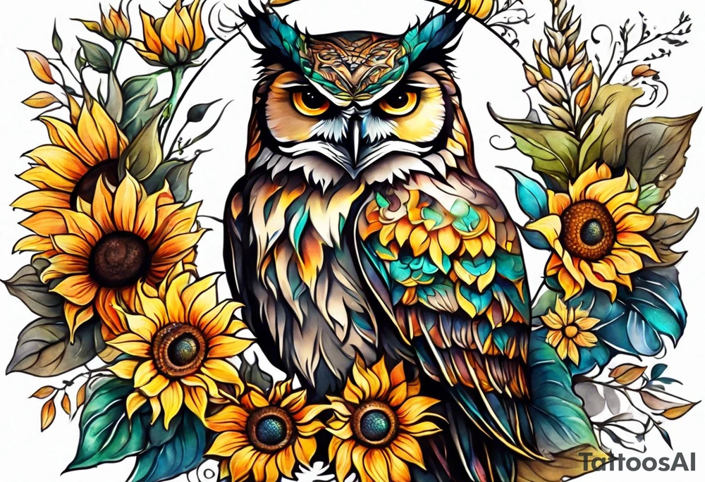 Leg sleeve with colorful sunflowers and an owl tattoo idea