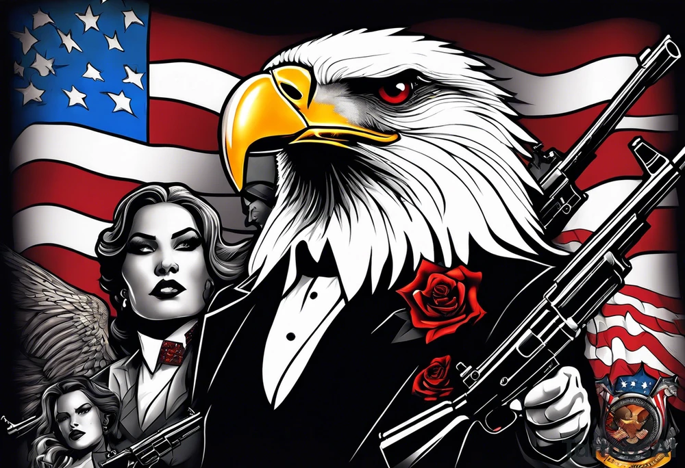 capone style gangsters battling with machine guns against a dark flame background with an angry eagle swooping in with american flag and sexy women tattoo idea