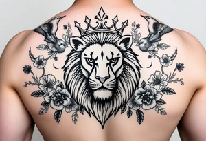 powerful majestic lion with a crown, surrounded by floral ornaments and birds tattoo idea