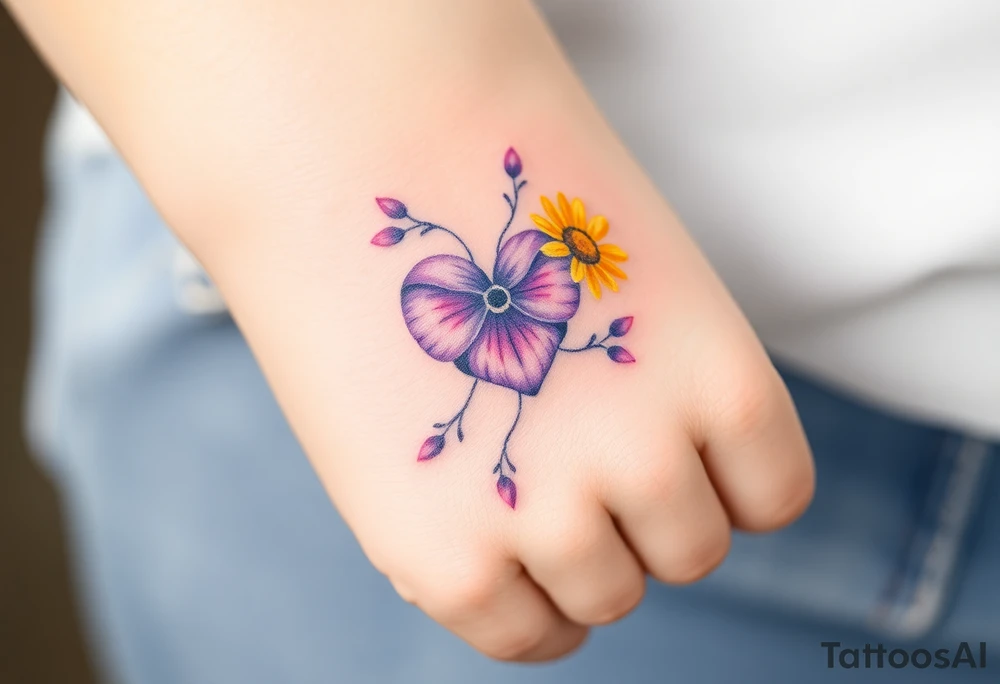 Small Purple Heart & yellow Daisy flower tattoo idea