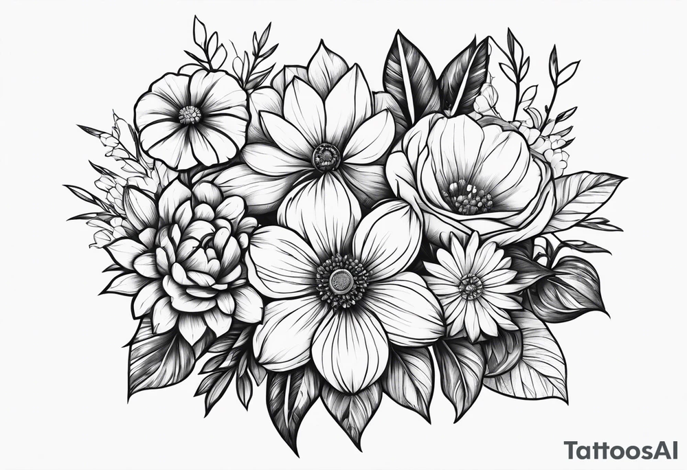 Flower bouquet with 5 flowers positioned up and down tattoo idea