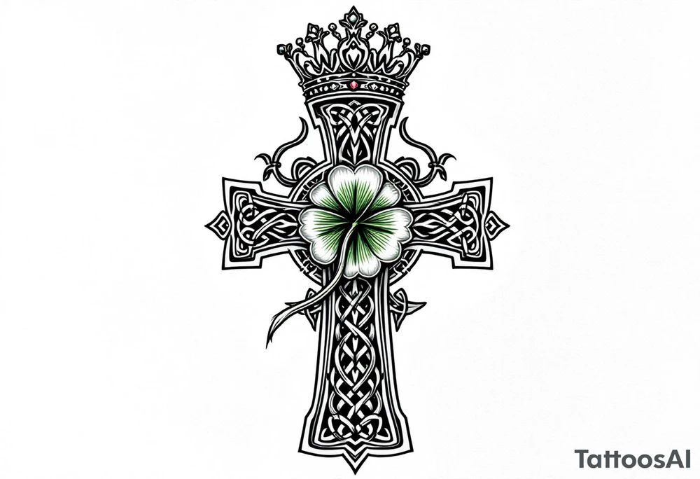 Masculine Celtic cross tattoo featuring intricate knotwork patterns along the arms and base of the cross. At the heart of the cross, place a vibrant four-leaf clover, its leaves shaded with subtle gradients of green, symbolizing luck and unity. Above the cross, incorporate a regal crown adorned with ornate details, such as small gemstones or filigree, to signify authority and strength. Behind the cross add more celtic knots surrounding it tattoo idea