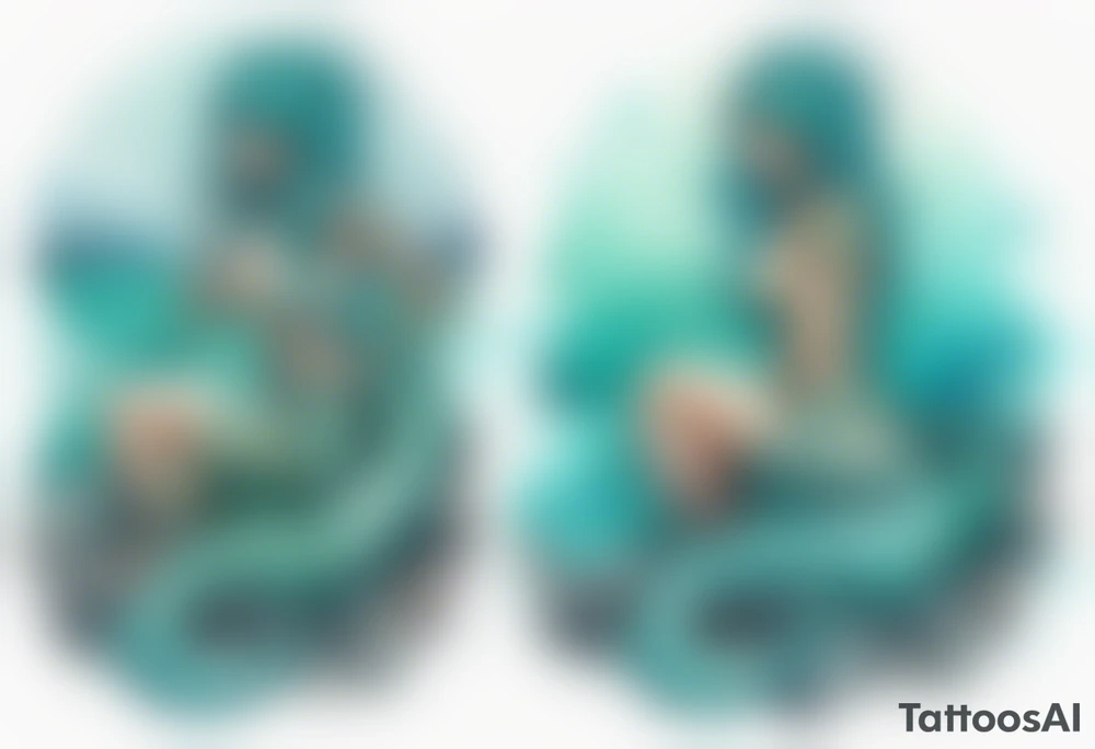 A sea serpent woman hybrid covered in turquois scales sitting on rocks by the ocean tattoo idea