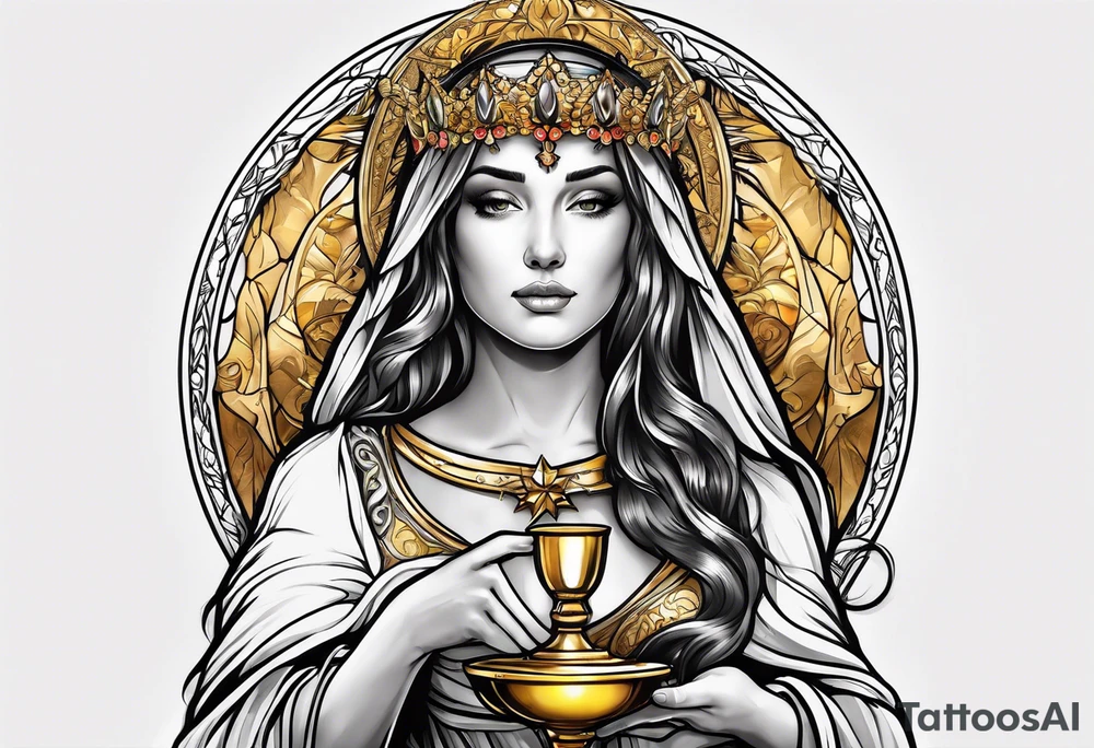 woman saint holding chalice surrounded by golden halo tattoo idea