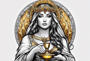 woman saint holding chalice surrounded by golden halo tattoo idea