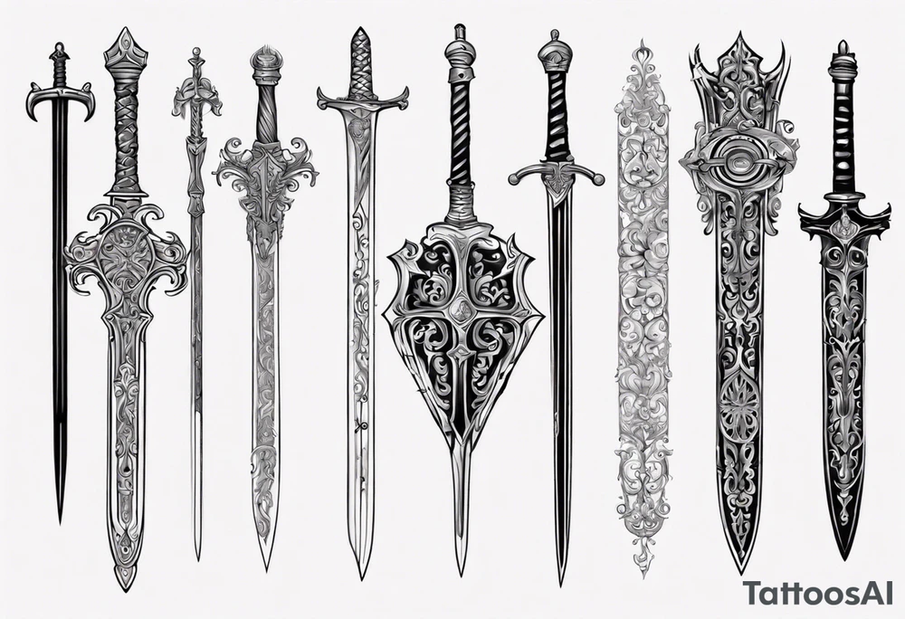 Sword behind shield filigree tattoo idea