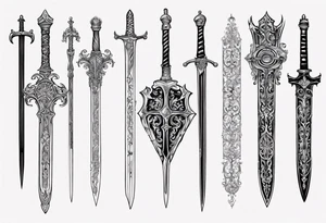 Sword behind shield filigree tattoo idea