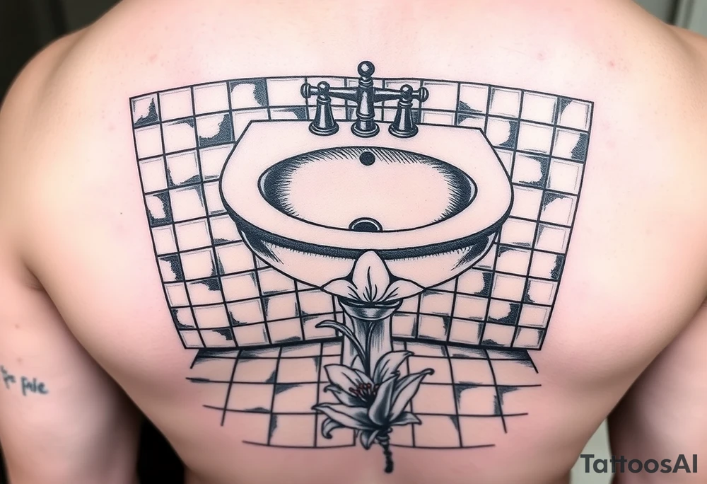 bathroom sink on tile floor with lily coming up out of the floor tattoo idea