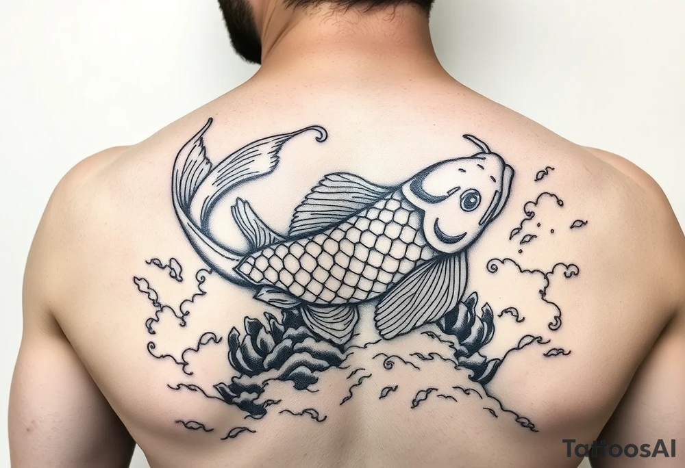 traditional koi fish swimming upstream through turbulent waves tattoo idea