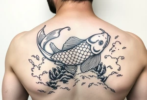 traditional koi fish swimming upstream through turbulent waves tattoo idea