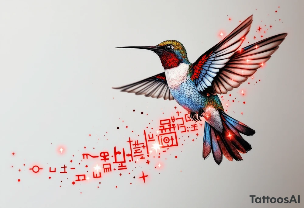 A hummingbird leaving a trail of glowing hieroglyphs as it flies(only red, blue and black are possible colors) tattoo idea